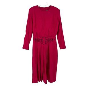 Vintage 80s Dress Pink Structured Long Sleeve Shoulder Pads Embroidered Size 10